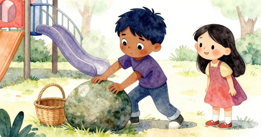 班努力轉動大綠石遇挑戰，妹妹在旁以鼓勵眼神支持，明亮晨光中展現互助情誼。