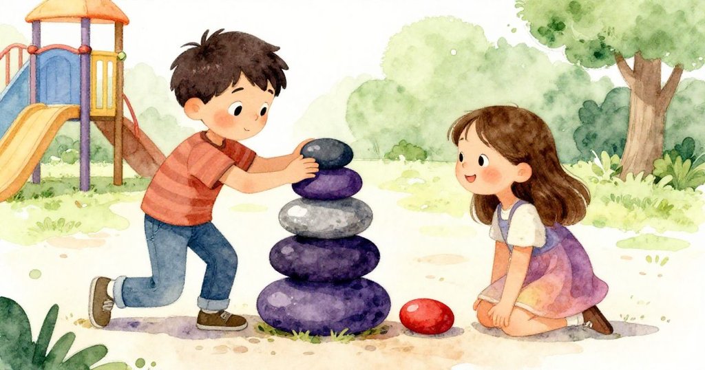 班與妹妹合作完成四塊石頭堆疊，妹妹輕觸紅石推回籃中，晨光中展現滿足與溫暾成就感。