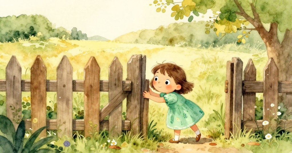 溫暖早晨，Wren彎身透過木柵欄小開口探看，充滿好奇與期待，背景充滿自然生機與光影。