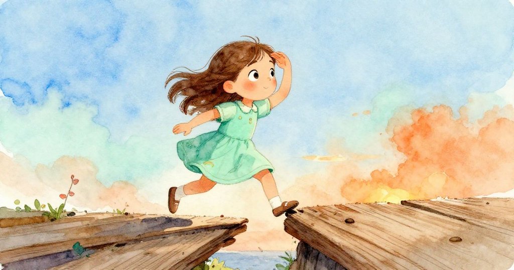 Wren輕步走向下一個大開口，抬手遮陽，展現探索步伐，陽光與樹影交織，背景充滿柔和色彩與自然氣息。