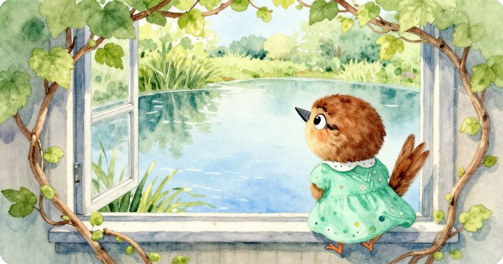 Wren凝望靜謐的池塘，池面映出藍天與乾藤，小窗邊露出思索神情，畫面安靜而溫柔。