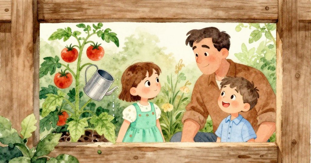 Wren透過柵欄觀看花園，一位男士與男孩在高番茄旁輕聲交談，銀罐滴水點綴，蘊藏著溫暖與寧靜。