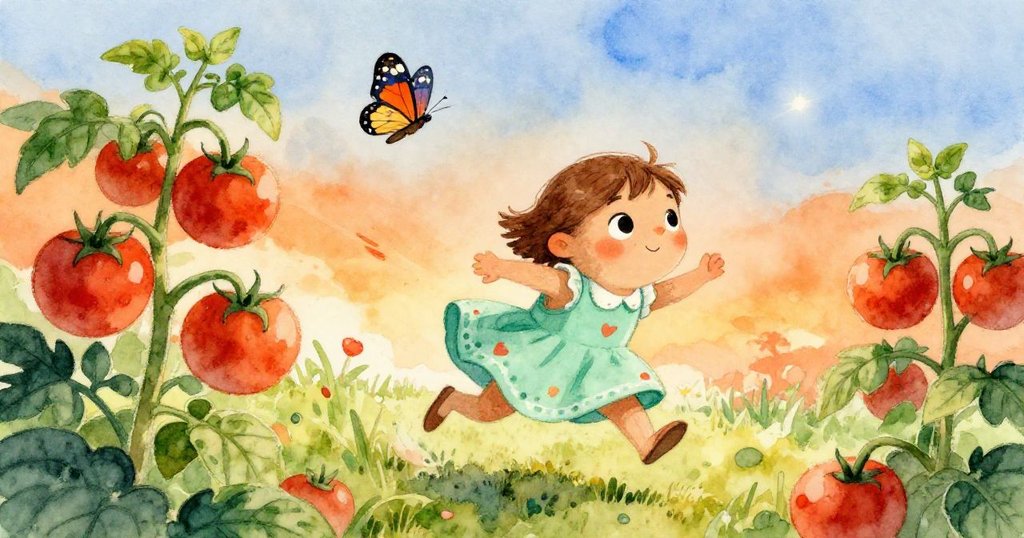 Wren追逐翩翩蝴蝶，裙擺隨風飛揚，在番茄花園中展現活力，臉上充滿興奮與快樂的情緒。