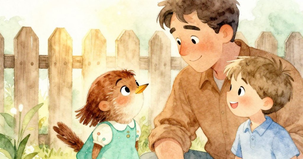 Wren與男士及男孩在陽光柵欄邊互換溫馨微笑，傳遞純真禮物，表情中流露驚喜與和諧情感。