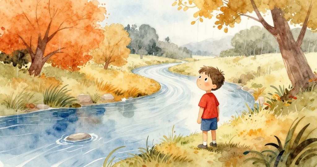 科爾在寧靜的小河邊站立，輕雨灑落，眼神充滿好奇，背景展示廣闊自然風光與柔和色彩。