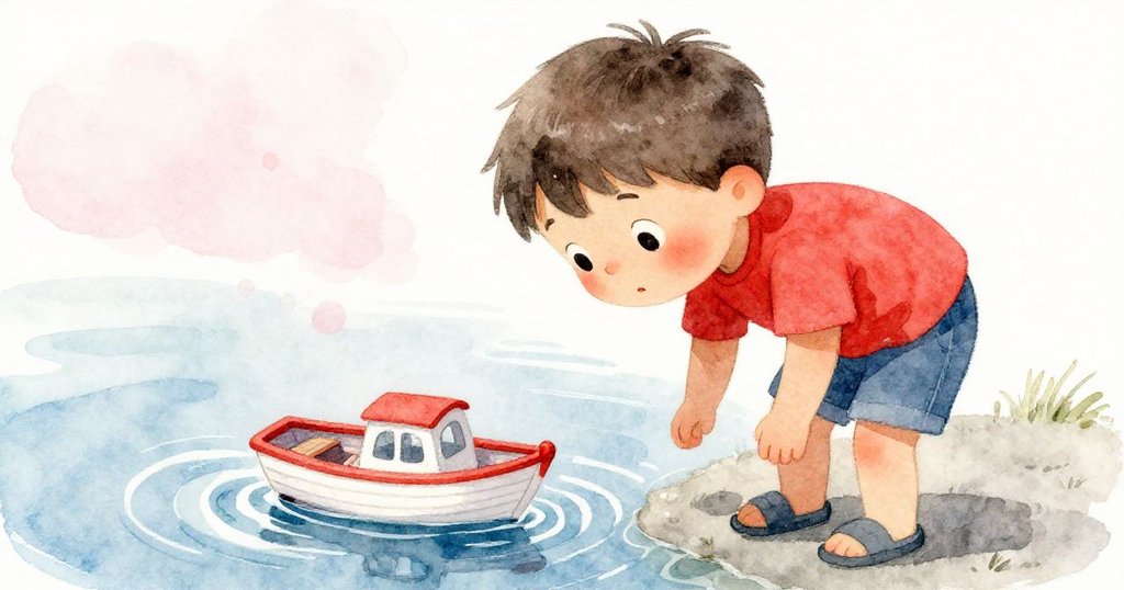 科爾俯身近距離觀察水面上漂泊的小玩具船，手指輕觸，表情充滿好奇，雨滴映出奇妙光芒。