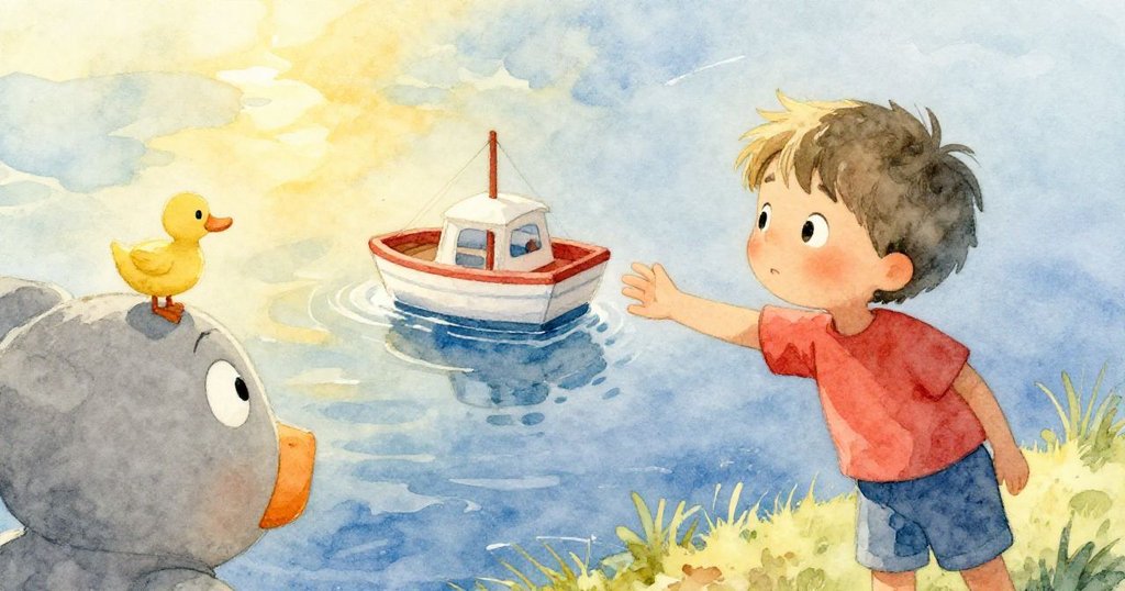 從小鴨視角呈現科爾伸手觸碰河中漂流的小船，表情專注溫柔，自然景致與溫暖色調交織。