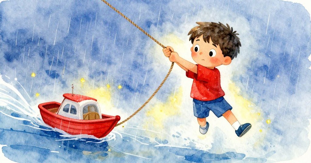 科爾在雨中充滿決心揮動安全繩，動作矯健，玩具船逐漸被拉近岸邊，氛圍充滿活力。