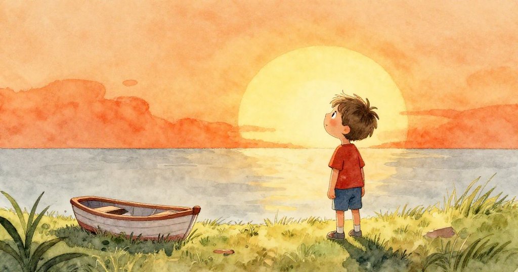 科爾將濕潤玩具船輕放草岸，滿懷希望凝望遠方，夕陽溫暖灑下，展露出迎向新冒險的堅定心情。