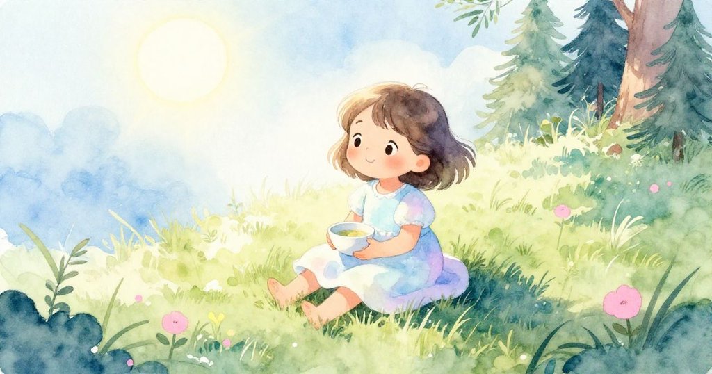 Nell坐在柔軟草地上,從高空視角看出溫暖陽光照耀下的小白碗和開心表情,充滿童趣與大自然氛圍。