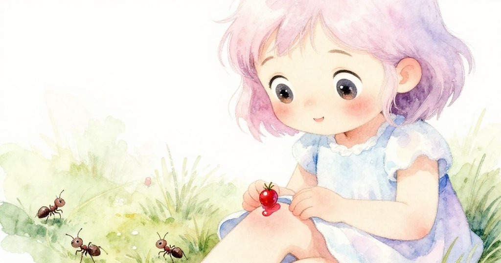 Nell凝視著眼前的小紅莓輕觸膝蓋,顔上充滿驚喜與好奇,背景細緻呈現昆蟲與自然草地氣息。