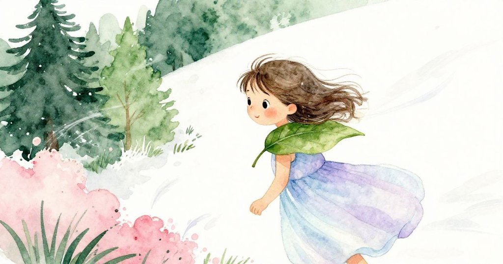 Nell肩上落下一片大綠葉,角度傾斜展示風力帶動葉子揚起,她臉上流露出驚訝與參與感,呈現動態天氣氛圍。