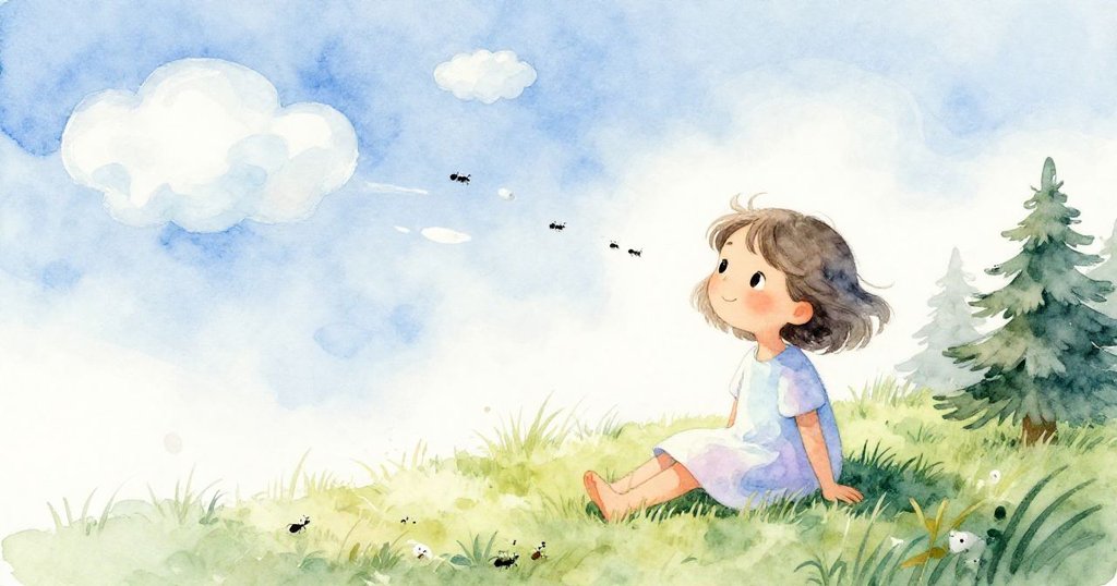 Nell坐在草地上,背景天空中緩緩移動的雲朵與探險的小螞蟻共同營造出溫暖而夢幻的自然情境,呈現環境變化。