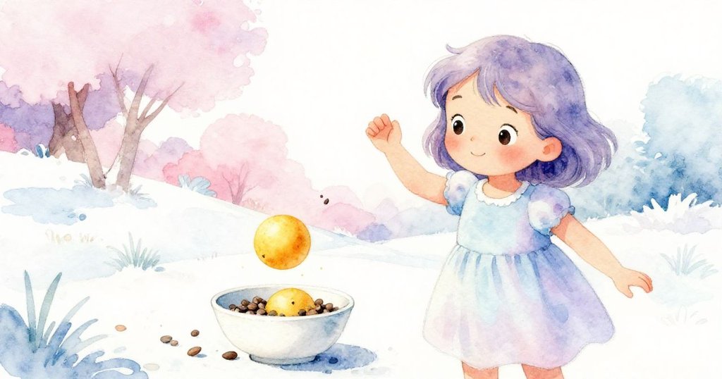 Nell調整手臂時,一顆圓潤黃果從天而降落入白碗中,果實與種子動感互動展現一刻充滿活力與期待的情景。