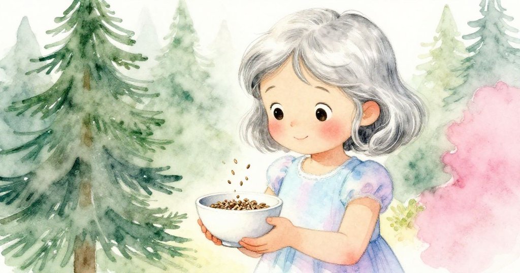 Nell靜坐於草地上,手中白碗安放著輕輕敲打的種子,溫柔光影中流露出平靜與告別的情感,彌漫自然寧靜。