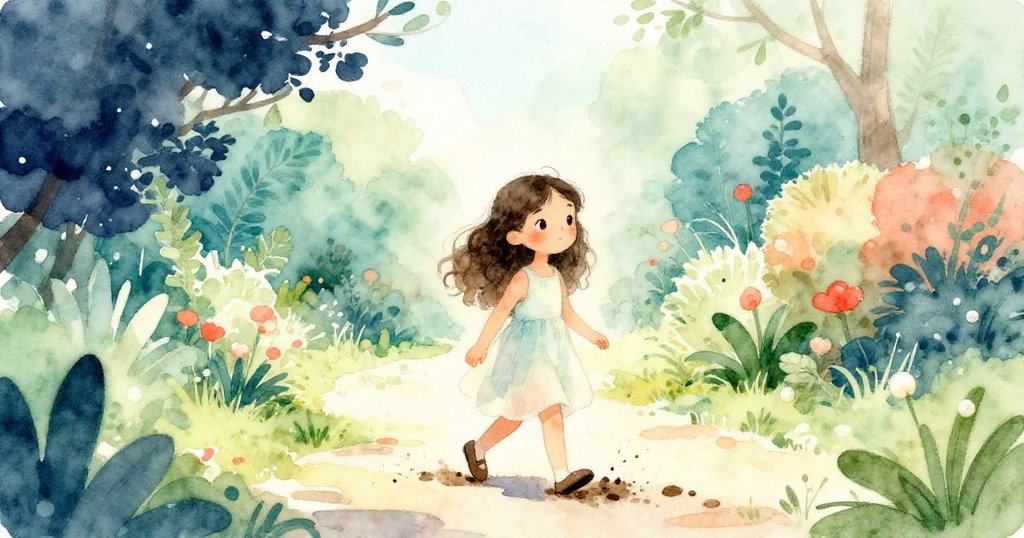 Tess 穿著輕盈連衣裙在溫暖的花園小徑上漫步，濕潤泥土映出她的輕快步伐與期待心情，展開故事開端。