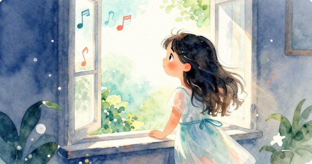 Tess 站在半開窗邊傾聽柔和音樂，窗外花園與室內光線交融，臉上顯露著專注與沉醉，故事情節漸進。