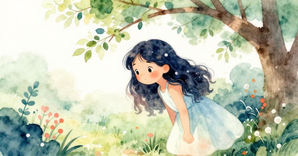 Tess 躡手躡腳彎腰躲避低垂樹枝，樹葉輕拂髮梢，展現春日自然氣息與她專注探索的心情，情節進入高潮。