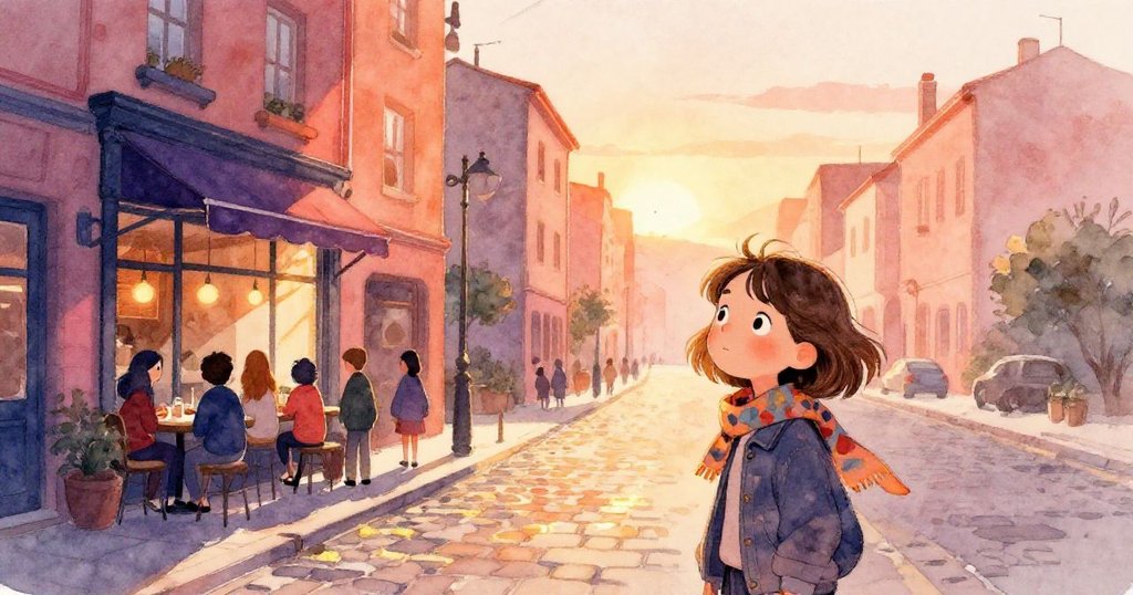 格蕾塔站在咖啡館旁街道中,周圍人群輕步行走,夕陽灑落,面露好奇溫暖笑容,城市氛圍溫馨。