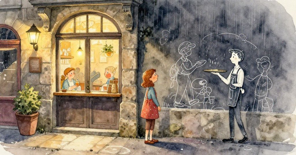 格蕾塔細看牆上淡去粉筆畫,畫中服務生端托盤,雨痕輕拂,色調神秘,散發溫柔懷舊感。