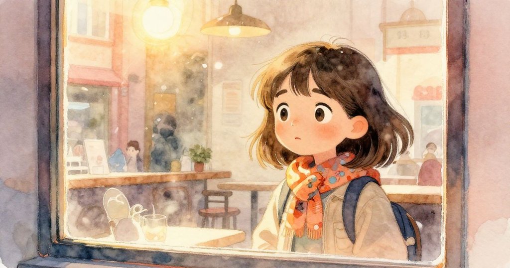 格蕾塔透過咖啡館窗戶聚精會神地拿起相機,光影交錯映出她專注神情,城市景致柔和而迷人。