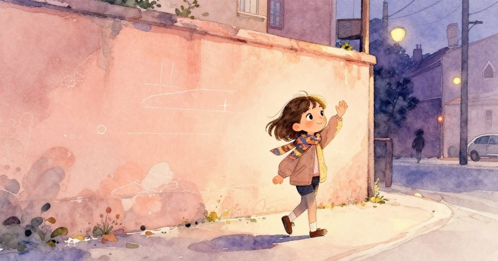 格蕾塔回首凝望淡化的粉筆畫牆面,面帶溫柔微笑向街景告別,夕陽餘暉中緩步離去,充滿柔情與回憶。