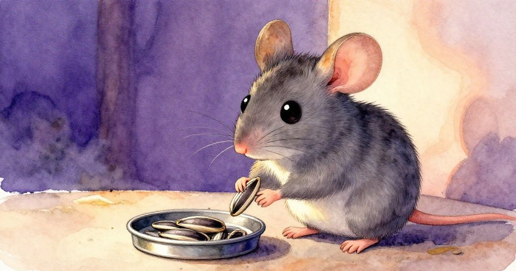 小灰鼠專心將條紋向日葵種子放入金屬蓋中，桌面上堆疊著小種子，動作細膩，表情專注且充滿決心。