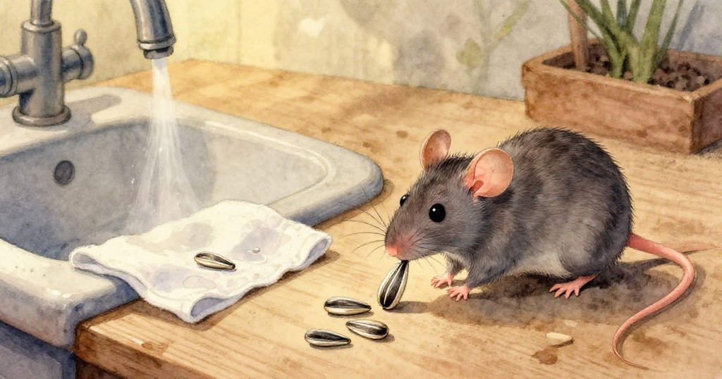 從小灰鼠視角看見破頸沙漏滴落沙子至滿溢糖盤中，微小種子滑落玻璃表面，景象細膩浪漫。