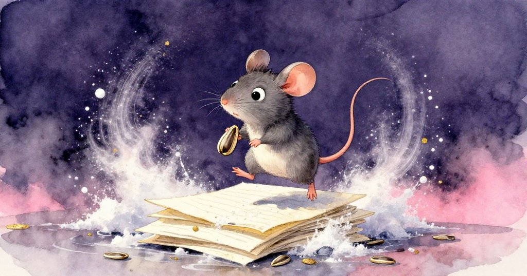 小灰鼠面對糖霧蔓延拼命躍上紙堆，動作急促、表情堅毅，桌上散落粉筆塵與糖漸漸流動。