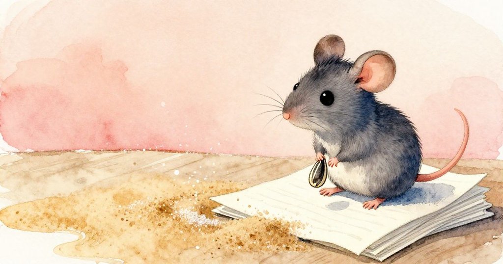 小灰鼠依然立於紙堆之上，注視著桌面上砂糖交織、粉筆塵飛舞的奇景，眼神中透露出依依惜別與沉思。