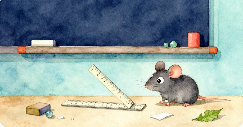 小老鼠Milo在溫暖工作桌前探索,桌上有尺子、玻璃珠、捲曲的葉片及紙屑,背景架子環繞,展現靜謐好奇氛圍。