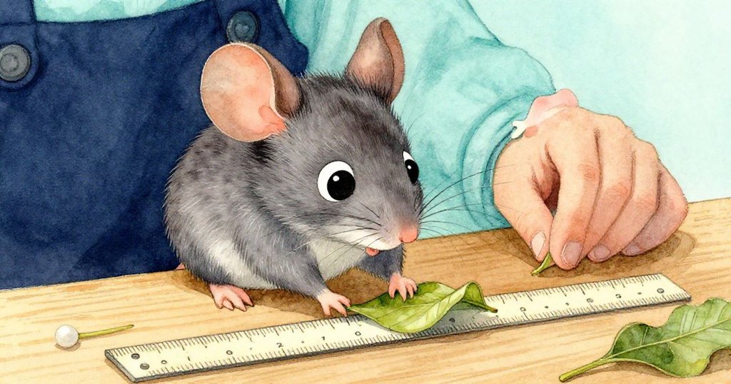 小老鼠Milo用小爪子輕推捲曲的葉片至尺子上,近距離展現葉片、木紋及鼠爪細節,神情專注。