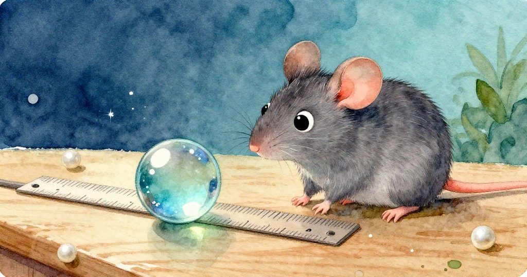 小老鼠Milo輕推閃亮玻璃珠沿尺子滾動,玻璃珠反射出精緻光芒,鼠目專注啟動動作,畫面充滿細膩感。