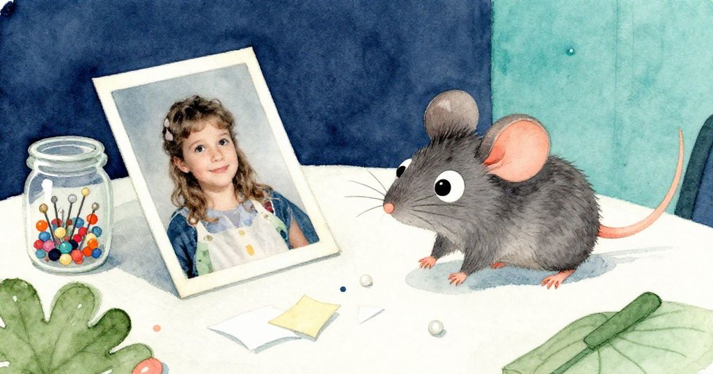 小老鼠Milo在工作室新角落探索桌上老舊照片、針瓶與紙屑,環境充滿創意與溫暖光線,動作靈巧活潑。