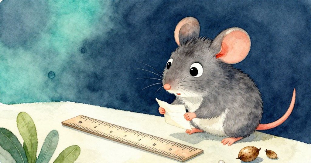 小老鼠Milo停下思考,眼神專注、鬍鬚顫動,輕握紙屑與種子外殼,桌上歪斜的尺子襯托創作實驗氣息。
