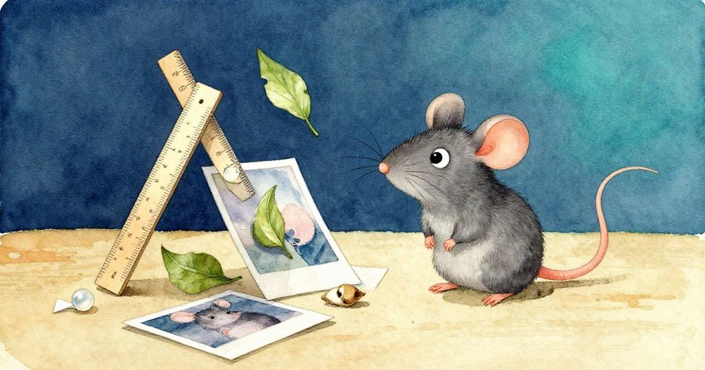 小老鼠Milo自豪站在穩固傾斜的物品塔旁,桌上尺子、玻璃珠、葉片、紙屑及照片和諧再聚,背景溫暖明亮,展現完成創作喜悅。