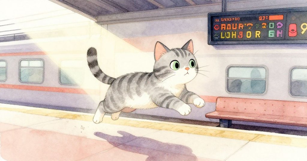 從低角度看，Silver Flash躍上陰影中的長椅，眼神充滿好奇，背景呈現動感光束，展現都市車站韻味。