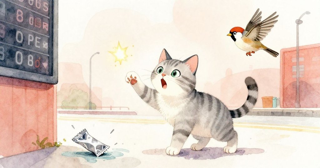 Silver Flash被突如其來的銀光驚嚇，眼神大睜、動作激烈，旁邊Dart急速飛升，鋁箔滑入積水中，緊張氣氛濃厚。