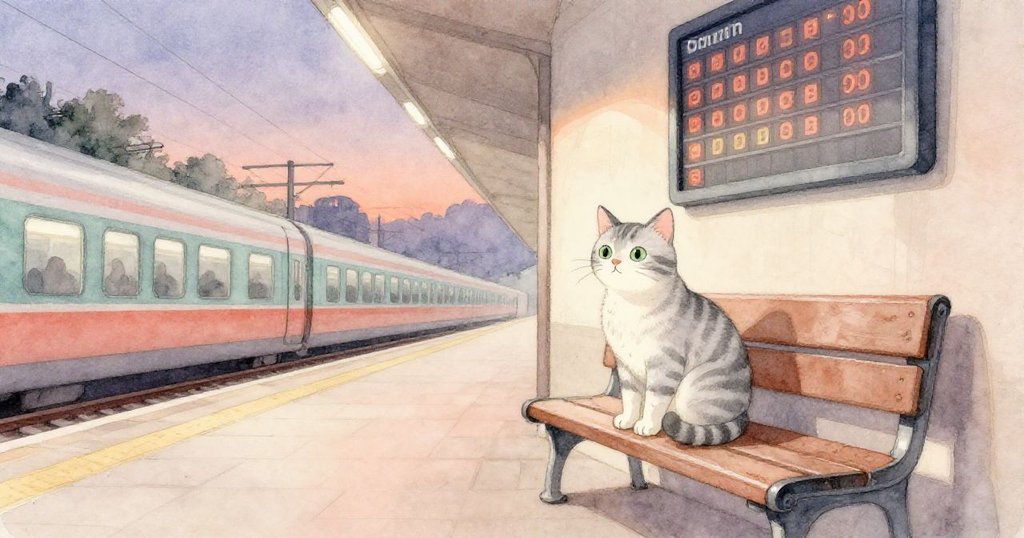 Silver Flash靜坐長椅上，眼含平靜，背景出發板逐漸昏暗，月台安靜告別，展現都市黃昏余暉。