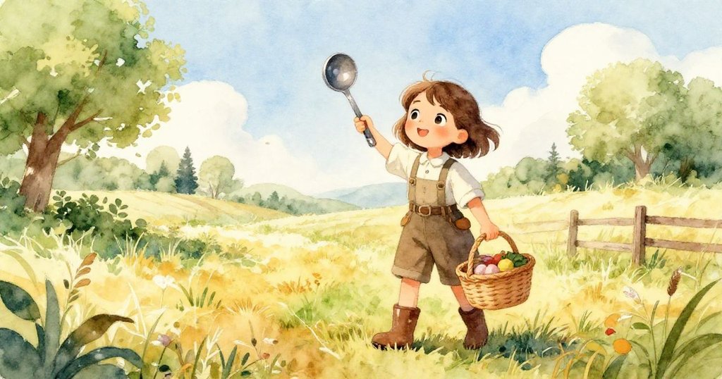 蘭娜在晨光中於農場取出亮面勺子，野餐籃旁稻草隨風飄動，她臉上滿是期待和愉快的神情。