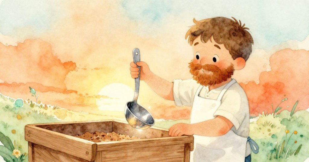 格林在木飼料箱旁調整拋光廚具，利用光影巧妙形成閃爍三角形，臉上露出專注與驚奇的神情。