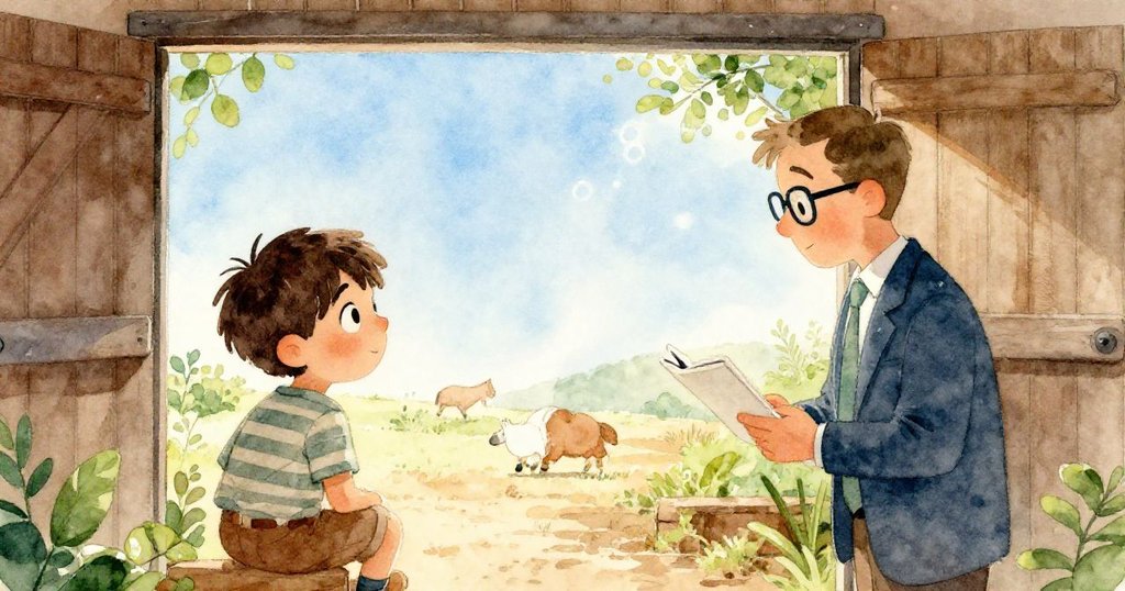 麥克斯守在牛棚門邊，記者手持筆記本透過門縫觀察光影嬉戲，兩人神情均充滿好奇與期待。