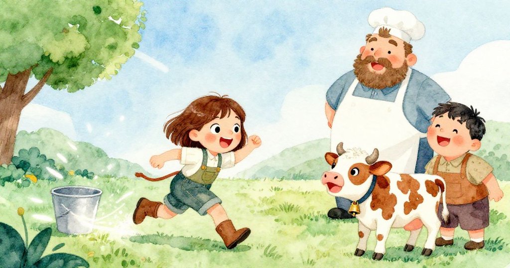 淘氣小牛追逐從桶邊飄出的光帶，周圍眾人露出驚喜笑容，光影交錯間充滿童趣與神奇發現。