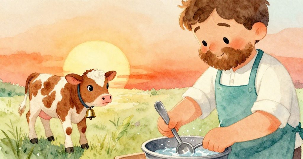 夕陽下格林溫柔收起器具，小牛鈴響悠然離去，黃昏氛圍中展現出寧靜與溫暖的愉悅收場。