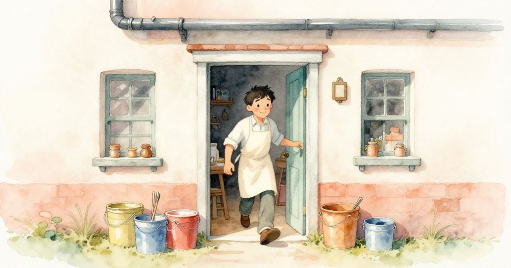 Jasper穿過小工作室門口,背景有顏料桶與水槽,臉上帶著希望與好奇,晨光柔和灑落其中