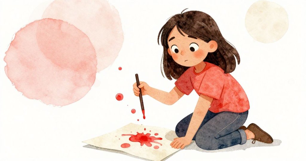 活動家俯身在散落再生紙上測試紅色墨水,視角傾斜展現創意實驗過程,神情專注充滿溫暖感