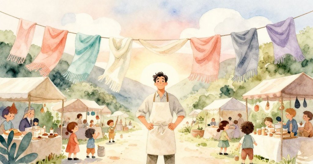 Jasper站在熙攘市場前,欣賞著印有柔和雲朵的圍巾,面向開放道路,展現出滿懷希望的未來