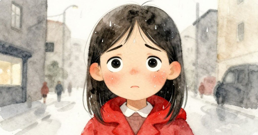 메이브의 얼굴을 클로즈업해 비에 젖은 머리와 눈빛에서 걱정과 결연함이 드러난 모습, 도전의 시작을 암시한다.