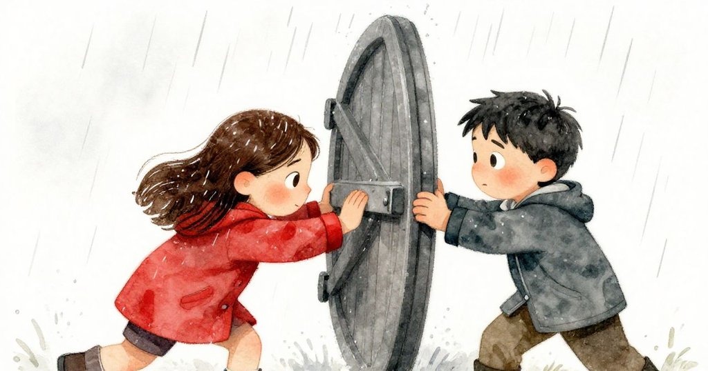 비 내리는 셀러문 앞에서 메이브와 캘이 힘을 합쳐 문을 미는 긴박한 순간, 서로 협력하며 결연한 표정을 짓는 모습이다.
