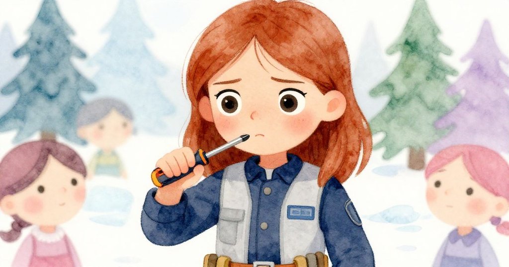 サラの顔のクローズアップ、集中と決意が溢れ、手にしたドライバーをしっかり握り、背景は桟橋の柔らかな光でぼやける情景